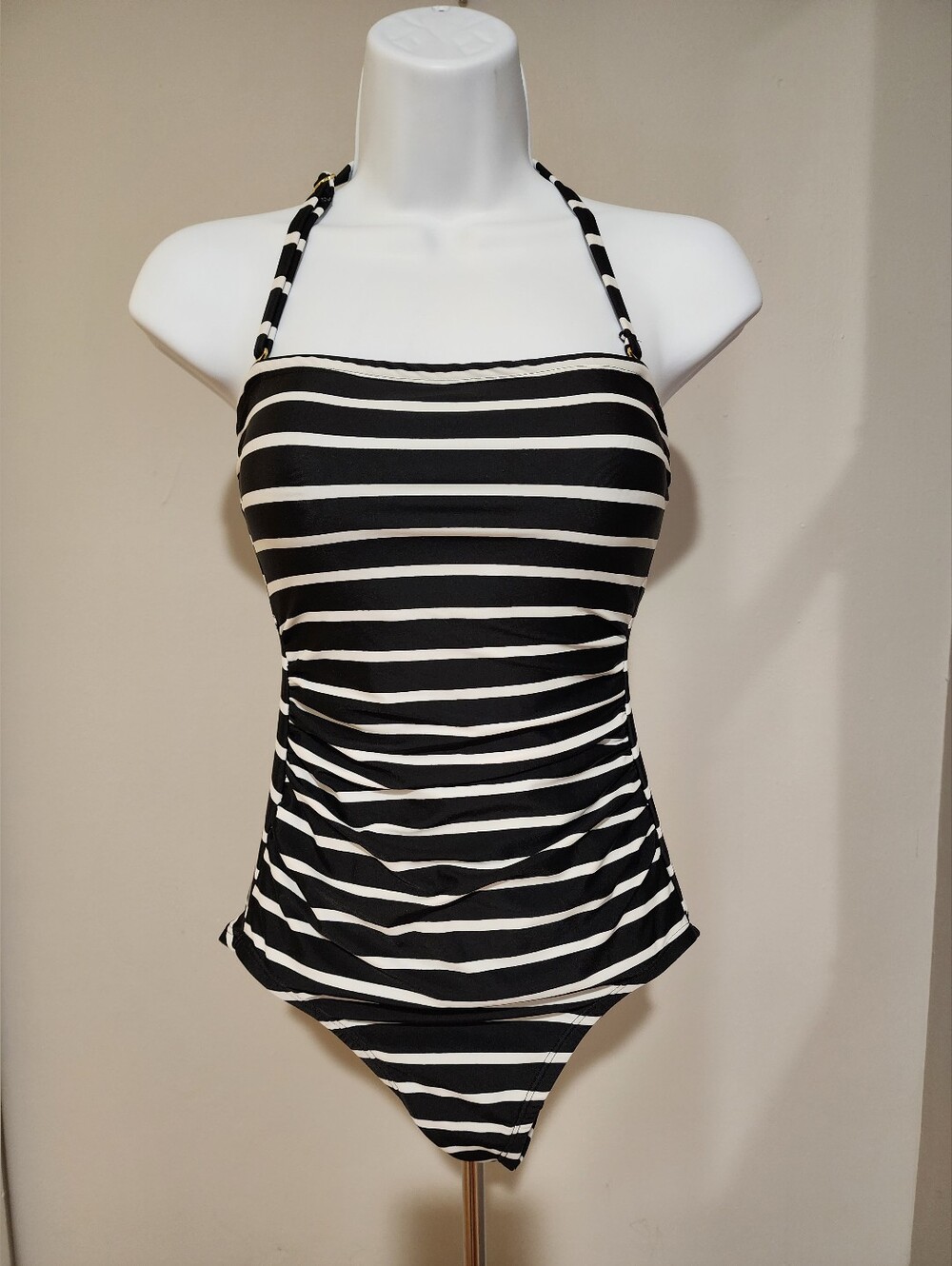 Kona Sol Black White Striped One Piece Swimsuit NWOT XS